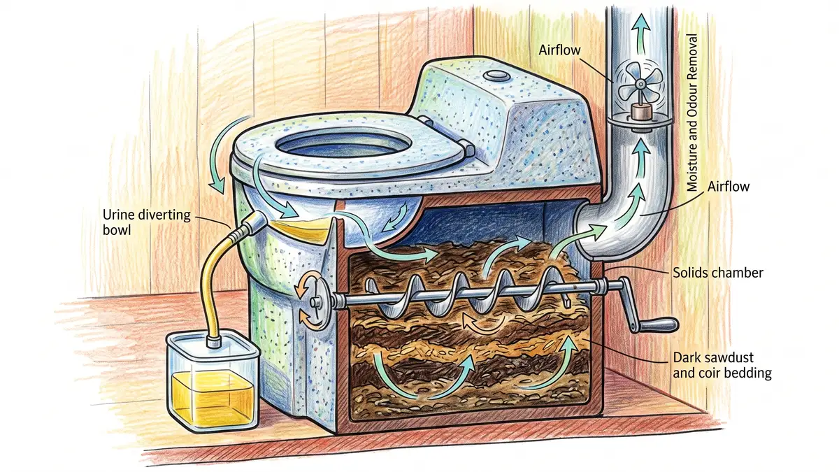 Cutaway cross-section of a self-contained composting toilet showing urine diverting bowl, solids chamber with sawdust, crank agitator and vent fan