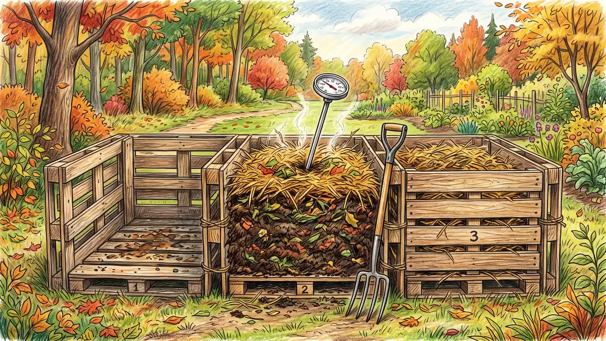 Three-bay wooden pallet humanure compost bin system with one bay filled and topped with straw and a compost thermometer in place