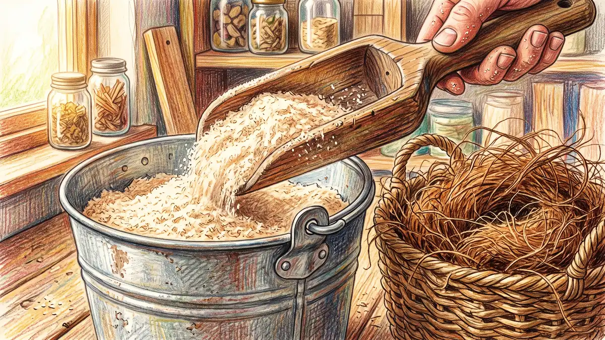 Wooden scoop lifting fine sawdust from a galvanised bucket beside a container of coarse coconut coir bulking material