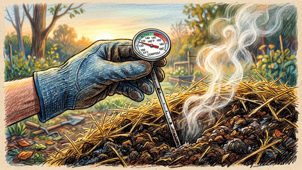 Gloved hand holding a long-stem compost thermometer pushed into a steaming straw-topped compost pile in early morning light