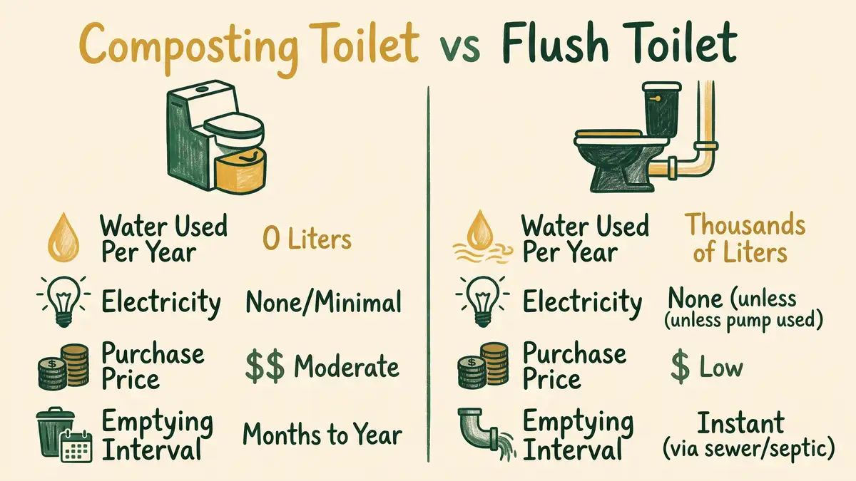 Hand drawn infographic comparing a composting toilet and a flush toilet on annual water use, electricity, price and emptying interval