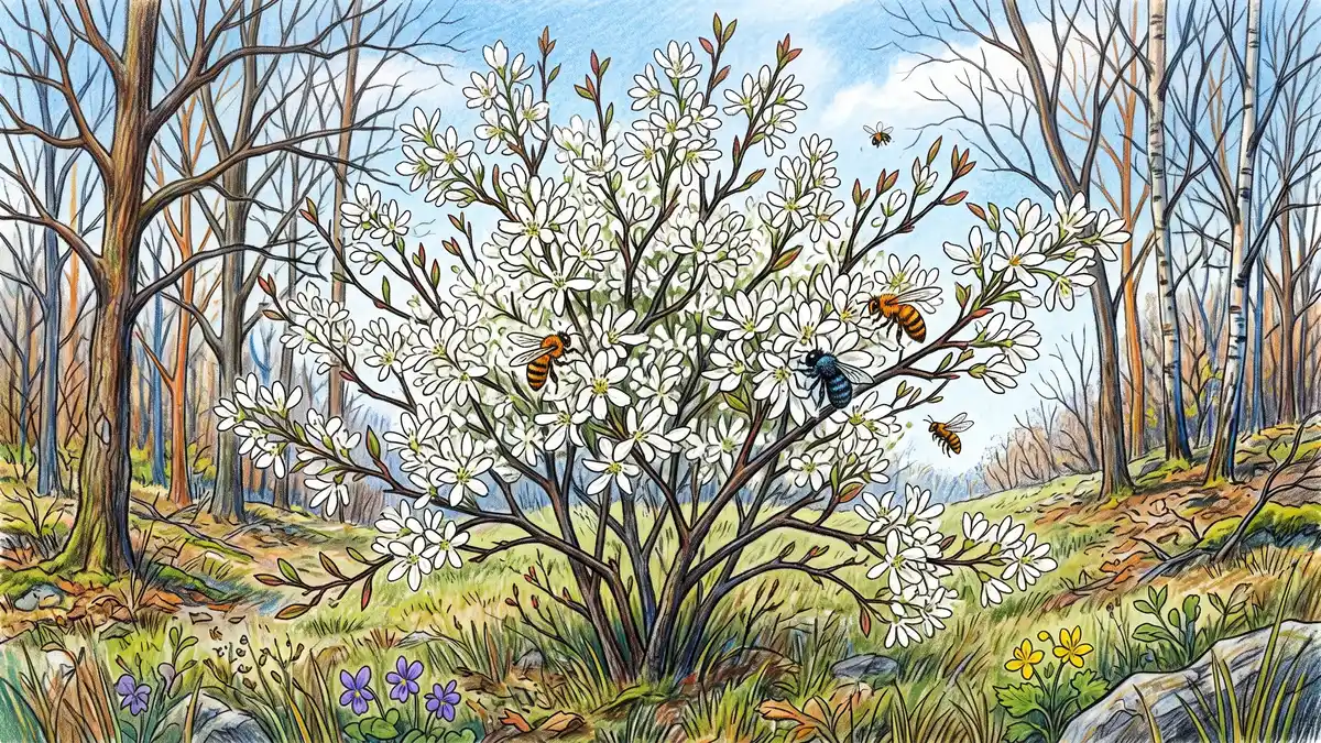 Serviceberry in full spring bloom covered in white strap-petalled flowers before leaves open, with honeybees visiting at a woodland edge