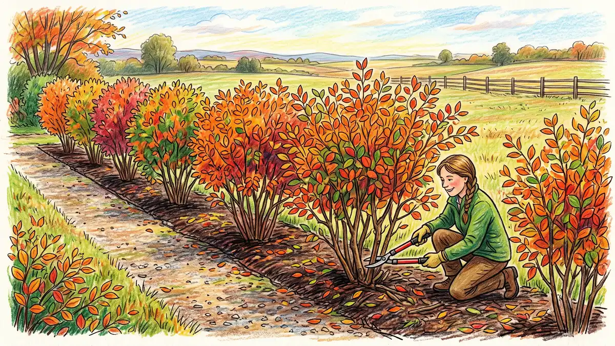 Row of saskatoon serviceberry bushes planted as a hedgerow with a gardener removing an old stem at ground level in autumn