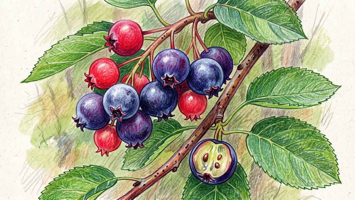 Close-up of a serviceberry fruit cluster with red and deep purple berries showing the small crown at the base like a tiny apple