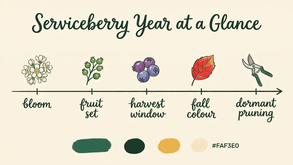 Hand drawn infographic timeline of the serviceberry year showing bloom, fruit set, harvest window, fall colour and dormant pruning stages