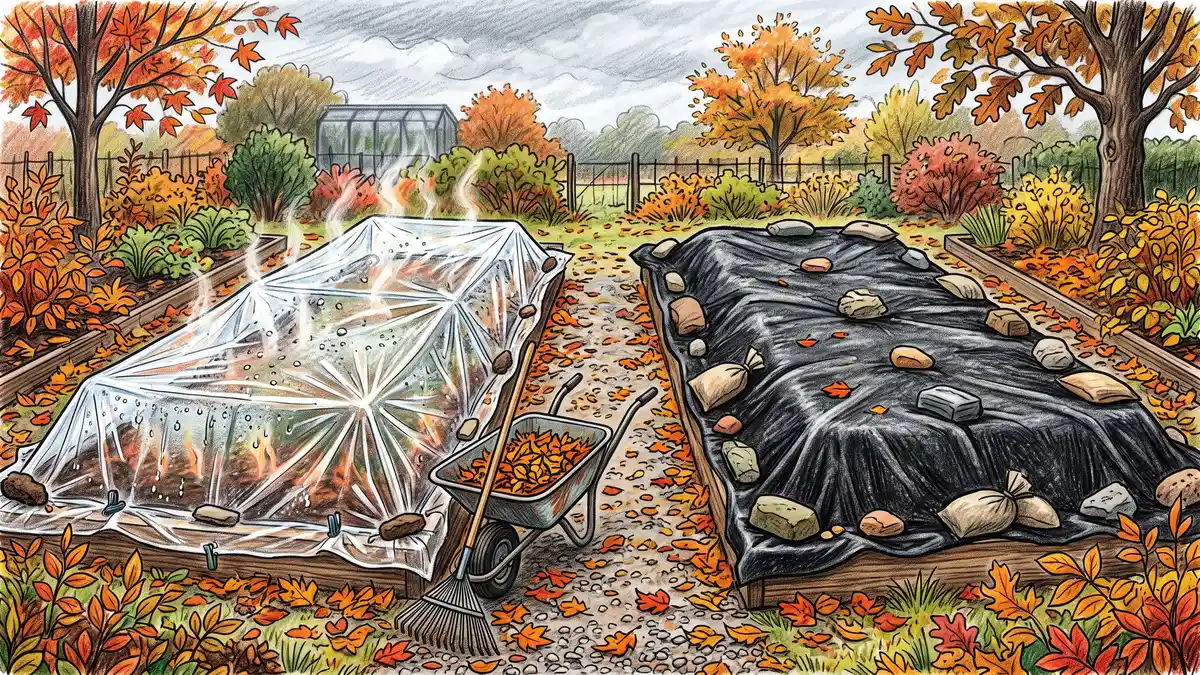Side by side garden beds, one under taut clear plastic for solarization and one under a heavy black silage tarp weighted with sandbags