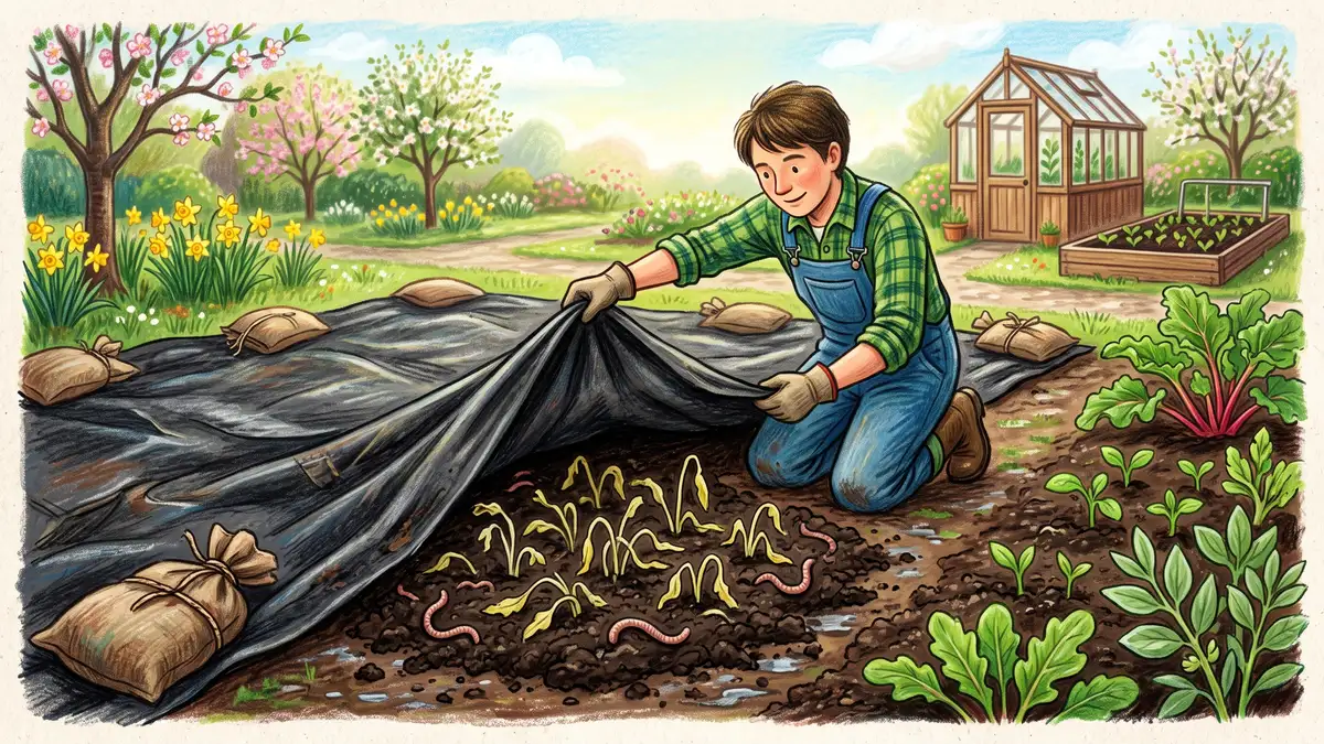 Gardener peeling back a black silage tarp to reveal bare crumbly soil with pale dead weed seedlings and visible earthworms
