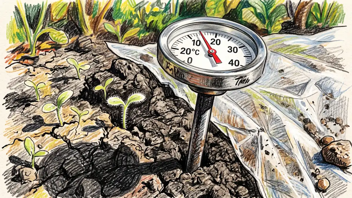 Soil thermometer probe pushed into bare garden soil beside the edge of clear plastic sheeting used for solarization in midday sun