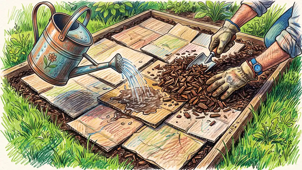 Overlapping flattened cardboard sheets laid over grass with hands spreading wood chip mulch on top and a watering can