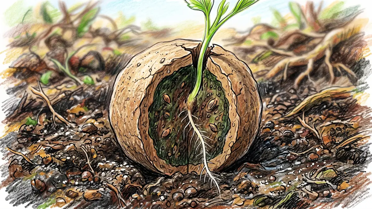 Cutaway cross-section of a seed ball showing the outer clay shell, inner compost layer, embedded seeds and a shoot pushing through a crack