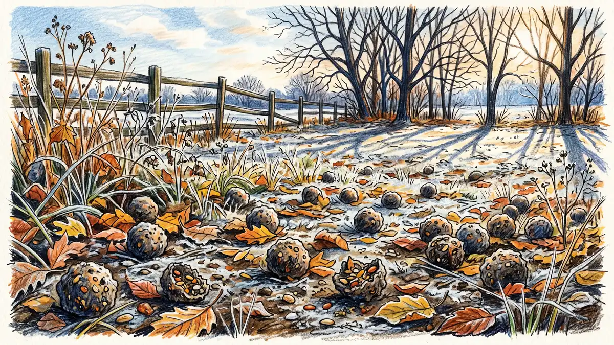 Seed balls scattered on rough autumn ground among fallen leaves and frosted grass with bare trees behind