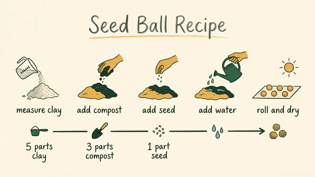 Hand drawn infographic of the seed ball recipe showing five steps from measuring clay through adding seed to rolling and drying
