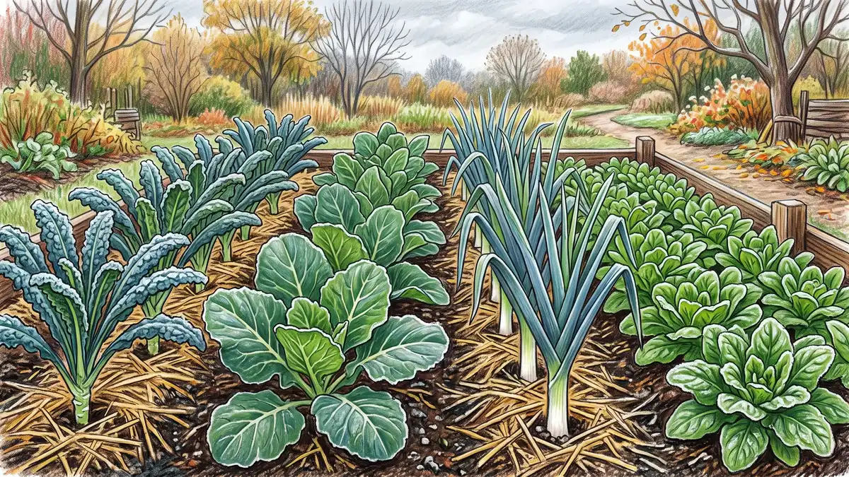 Four cold hardy vegetables growing in rows with frost on the leaf edges: Lacinato kale, collards, leeks and spinach in dark mulched soil