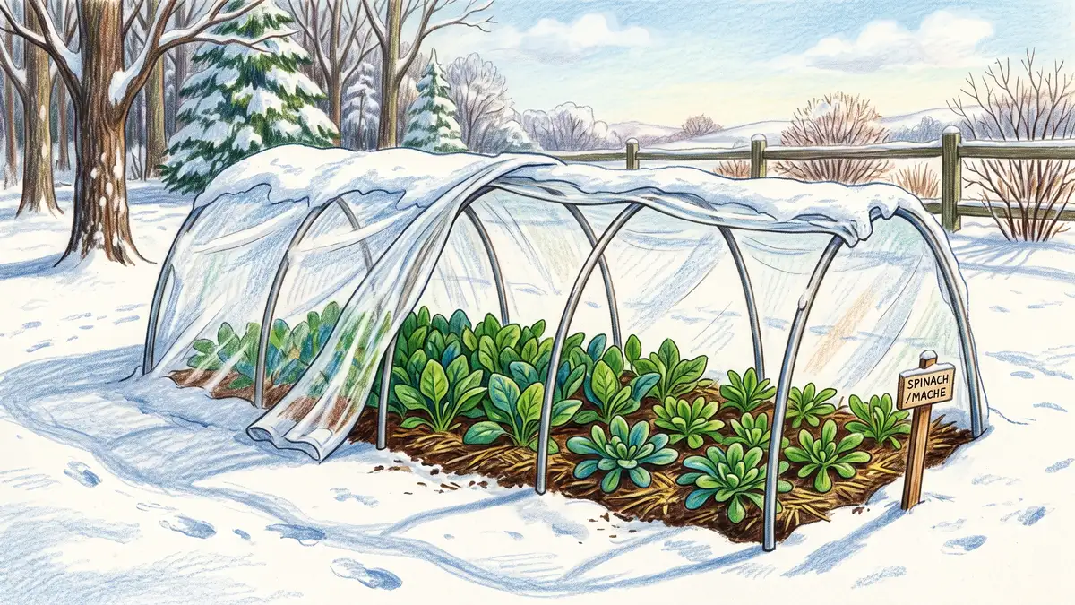 A low hoop tunnel in a snowy winter garden with the cover pulled back to reveal green spinach and mache rosettes growing underneath