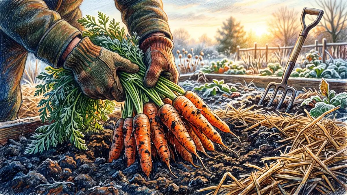 Gloved hands pulling bright orange carrots from cold dark soil with straw mulch pushed aside beside the row