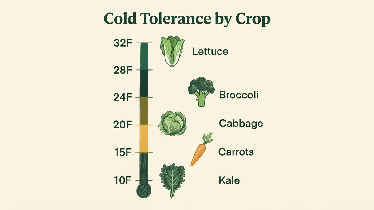 Infographic showing a vertical temperature scale from 32 to 10 degrees Fahrenheit with lettuce, broccoli, cabbage, carrots and kale placed by cold tolerance
