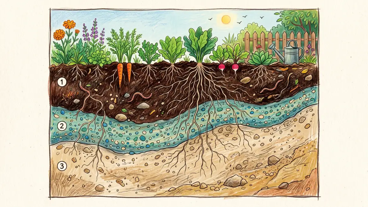 Cutaway cross-section of garden soil showing dark topsoil above a blue-green marl layer and paler subsoil with plant roots threading through