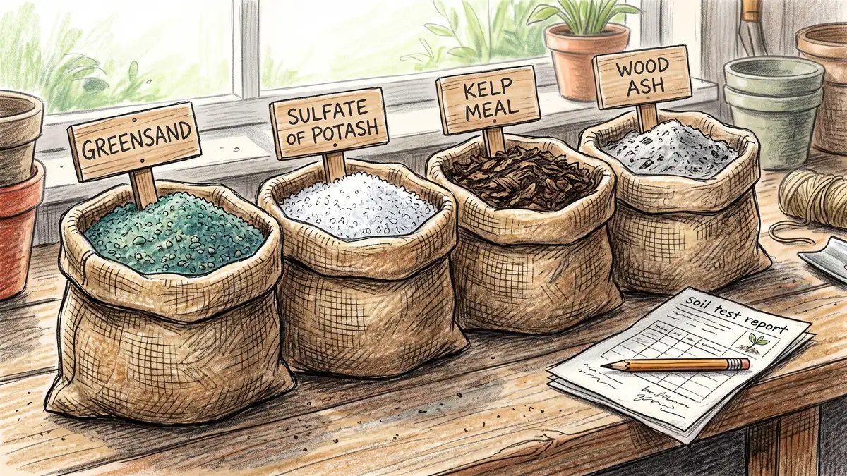 Four open sacks of garden potassium amendments on a potting bench: greensand, sulfate of potash, kelp meal and wood ash, with a soil test report
