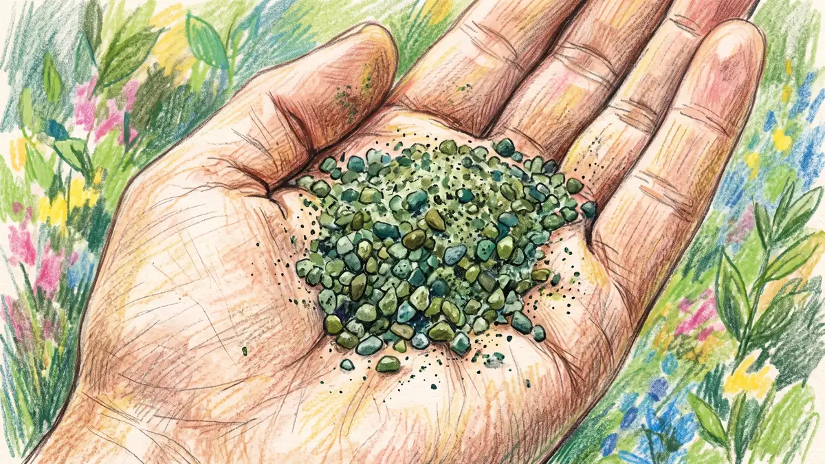 Close-up of a cupped palm holding coarse olive and blue-green greensand grains showing their gritty glauconite texture