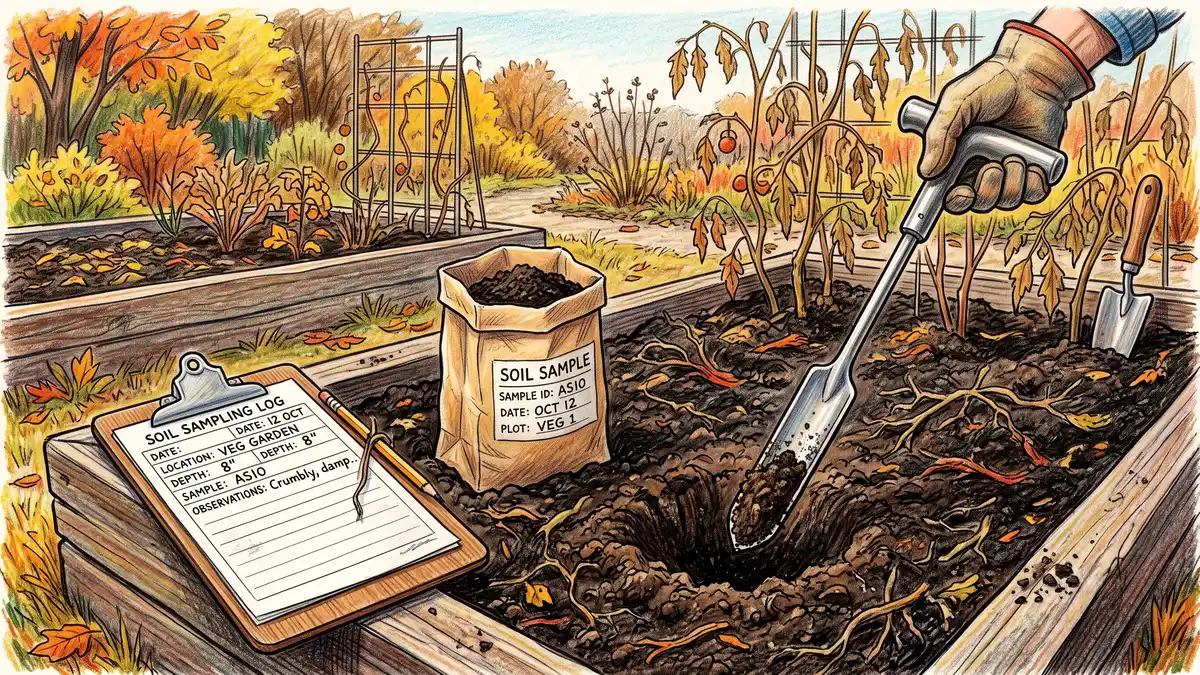 Soil probe and labelled sample bag being used to collect a garden soil test sample in an autumn bed with spent tomato vines