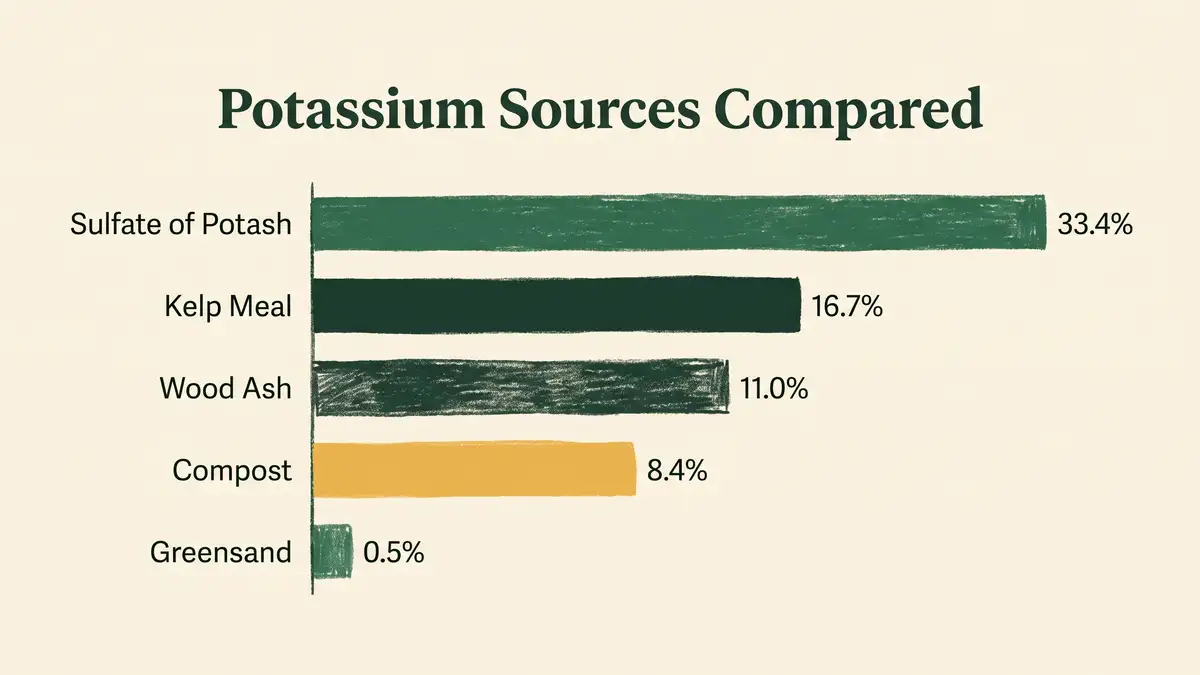 Bar chart infographic comparing potash content of greensand, kelp meal, wood ash, compost and sulfate of potash as garden potassium sources