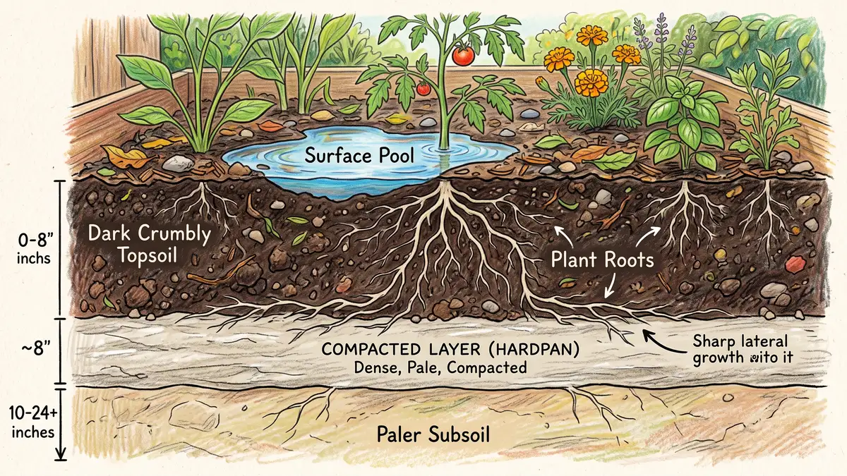 Soil profile cutaway showing plant roots turning sideways along the top of a dense pale hardpan layer with water ponding on the surface above