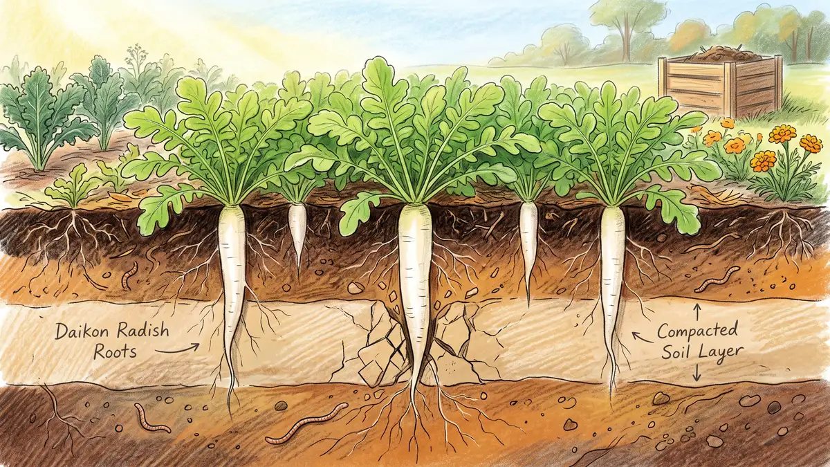Cutaway view of daikon tillage radish roots driving straight down through garden soil with one root punching through a dense pale hardpan layer