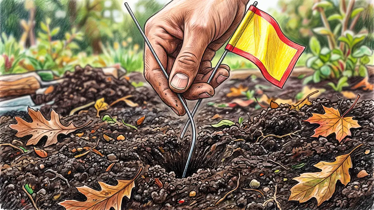 Thin stiff wire flag being pushed into moist garden soil and visibly bending as it meets resistance from a compacted layer