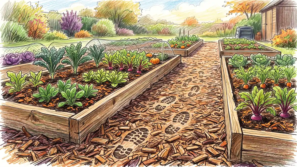 Permanent narrow raised beds with thick woodchip paths between them so foot traffic never touches the growing soil