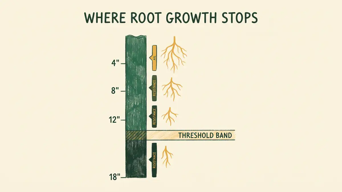 Infographic showing a soil column with depth marks at 4, 8, 12 and 18 inches and a threshold band marking where root growth stops from resistance