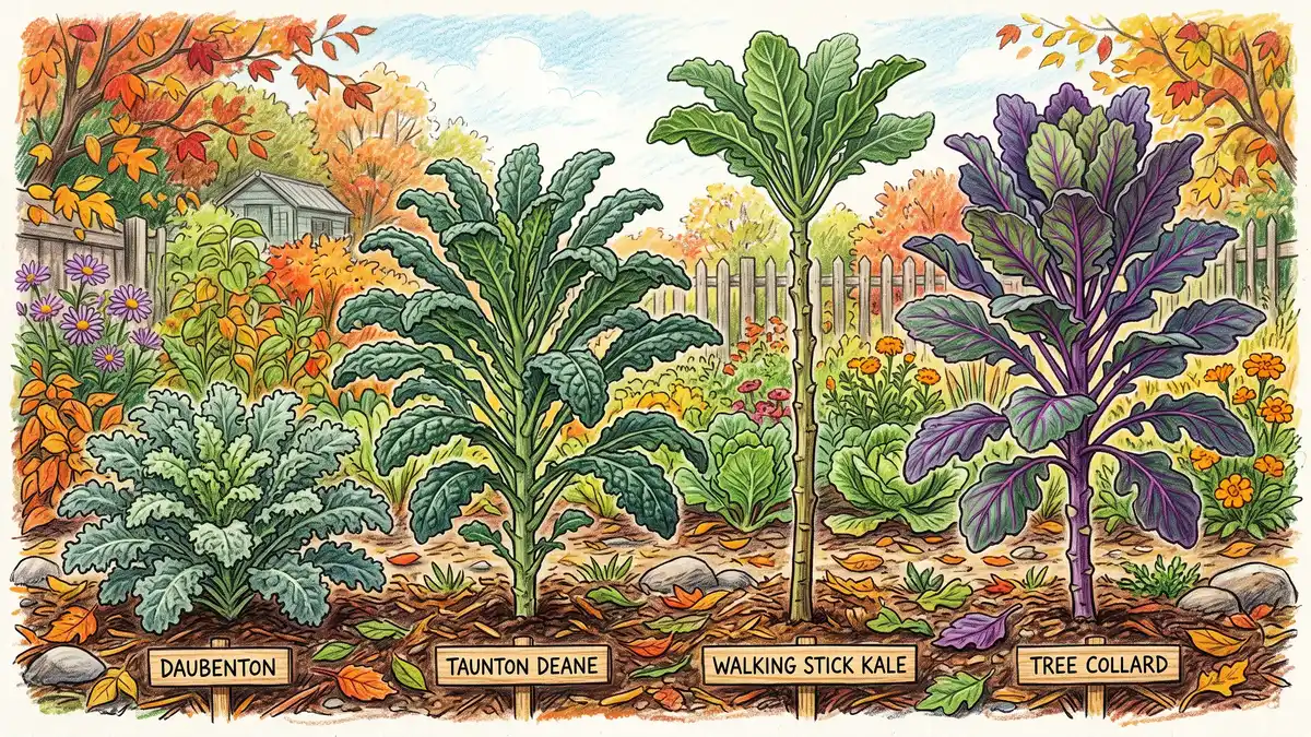 Four perennial kale varieties side by side in a garden row: bushy Daubenton, tall Taunton Deane, walking stick kale and purple tree collard, each labelled