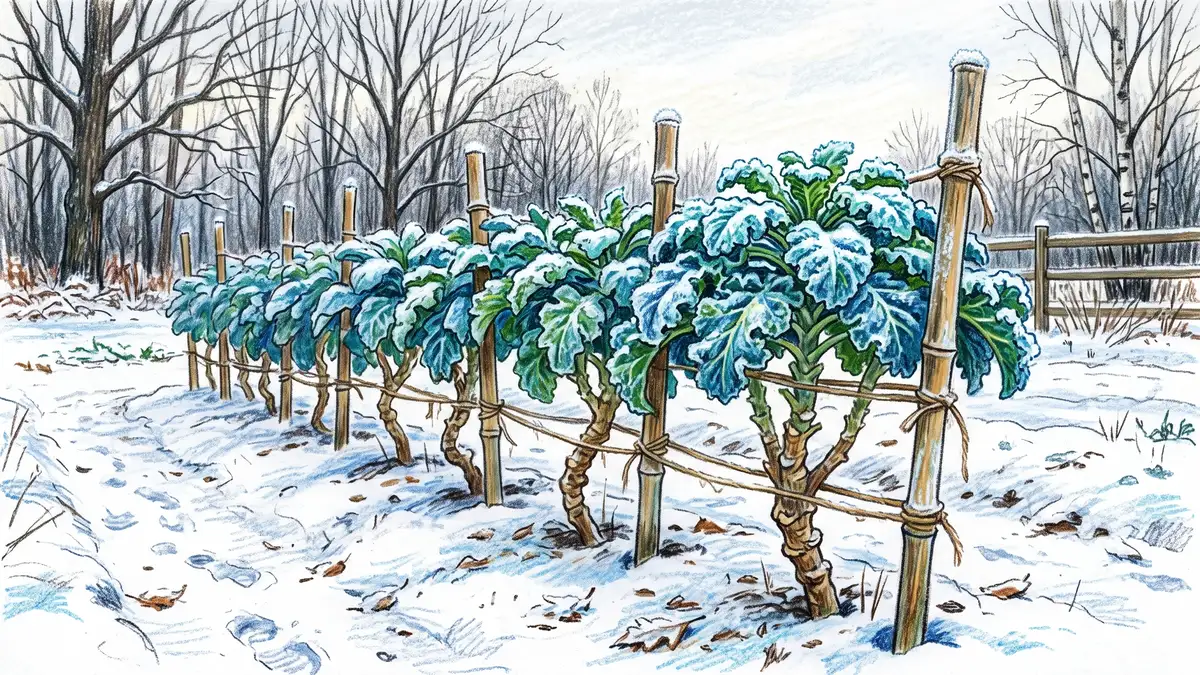 Row of perennial kale plants staked to bamboo canes in a snowy winter garden with frost on the blue-green leaves and woody stems visible