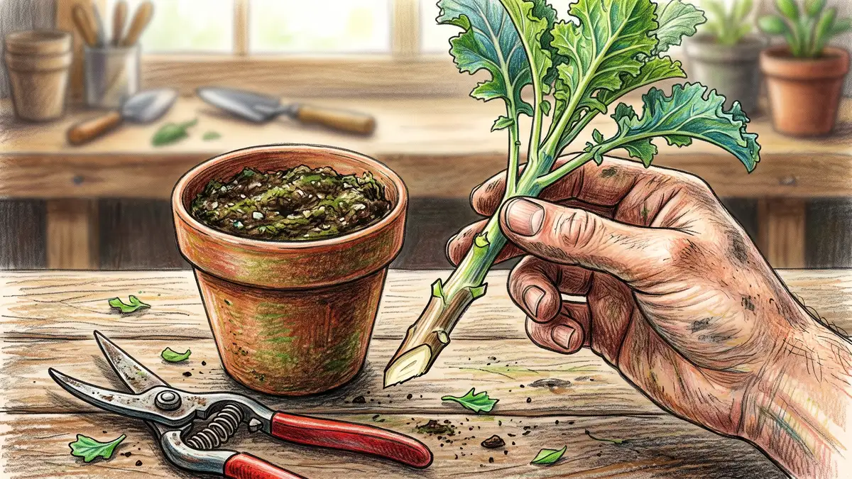 Hand holding a freshly cut perennial kale side shoot with lower leaves stripped and a clean angled cut, beside a pot of moist potting mix
