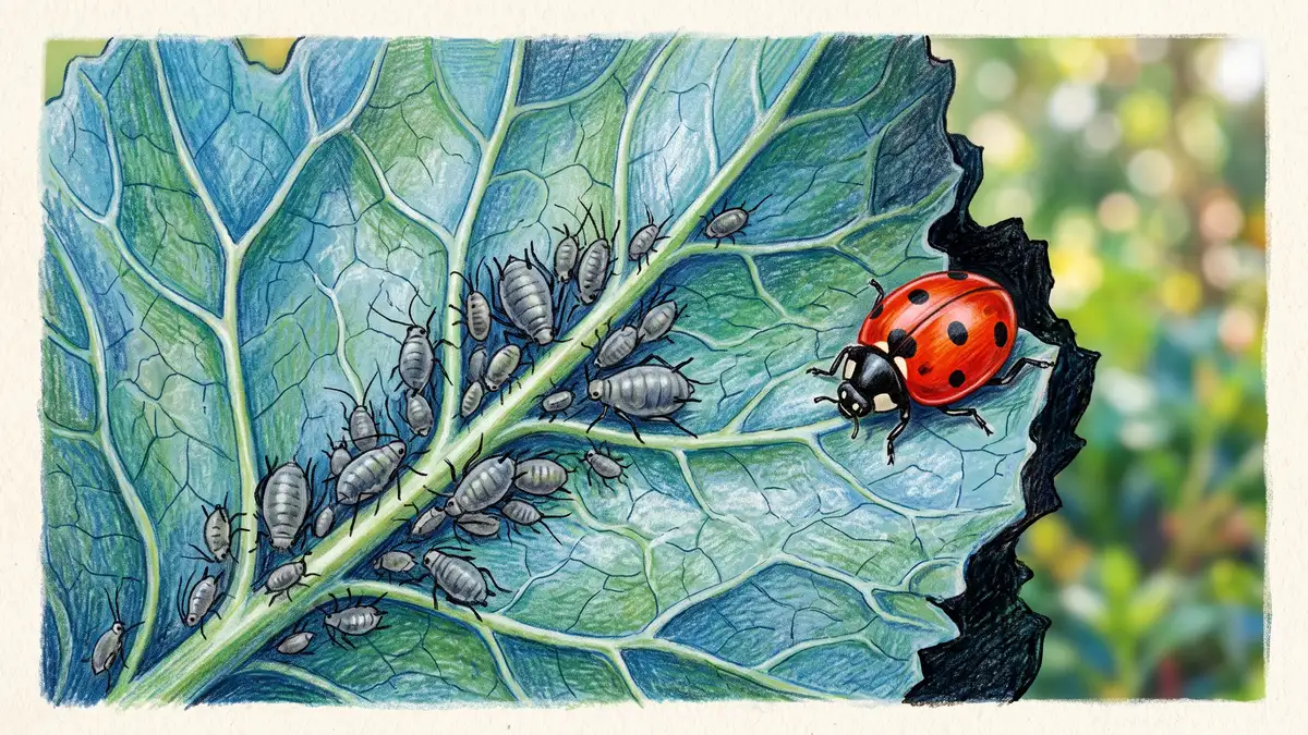 Cluster of grey cabbage aphids on the underside of a blue-green kale leaf with a ladybird beetle approaching from the leaf edge