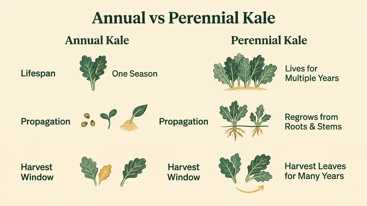 Infographic comparing annual and perennial kale across lifespan, propagation method and harvest window in two labelled columns