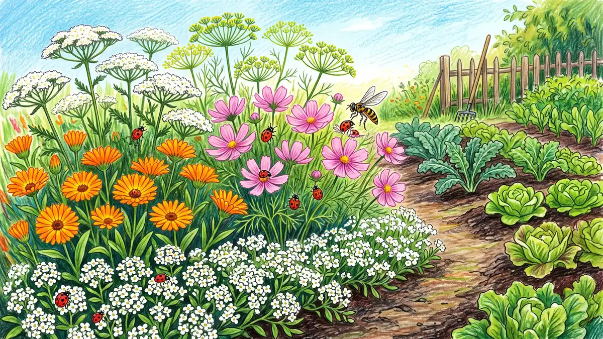 Flowering insectary border beside a vegetable bed with sweet alyssum, calendula, cosmos, yarrow and dill, with ladybugs and a hoverfly among the flowers