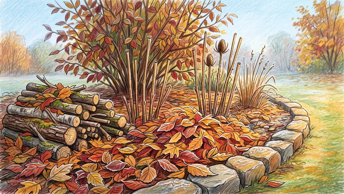 Autumn garden corner left deliberately untidy for overwintering insects with fallen leaves, standing hollow stems, a log pile and frost on the leaf edges