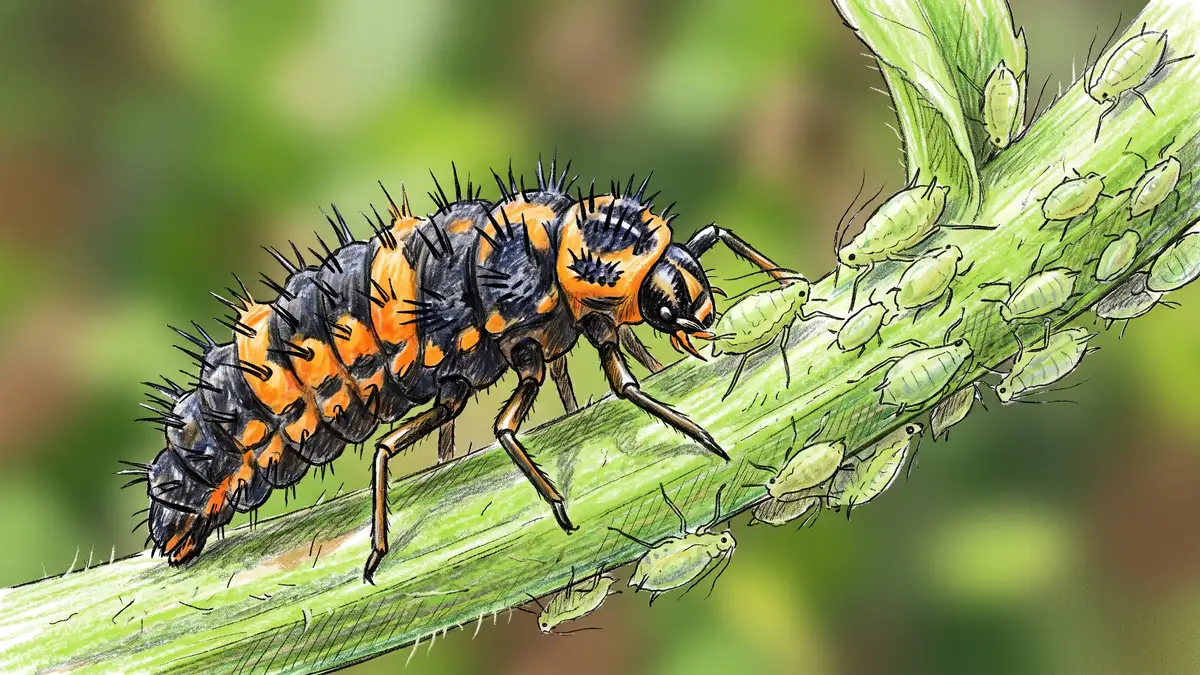 Close-up of a spiky black and orange ladybug larva hunting along a green stem crowded with pale green aphids