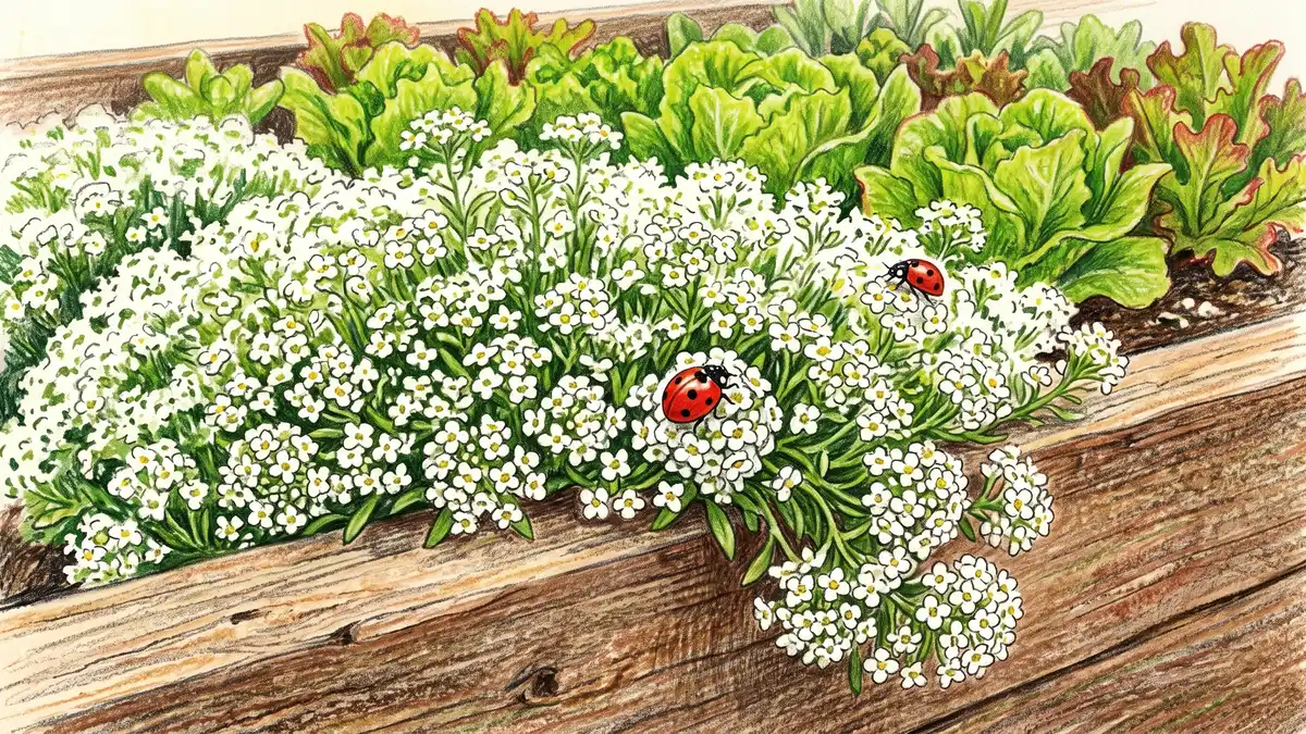 Mound of white sweet alyssum in full flower spilling over a wooden raised bed edge with two ladybugs on the blooms and lettuce behind
