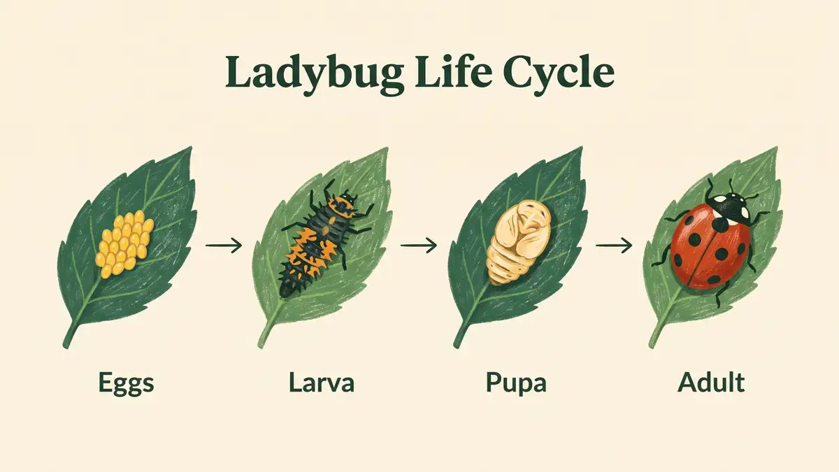 Infographic showing the four ladybug life cycle stages: yellow egg cluster, spiky larva, pupa attached to a leaf, and adult red beetle