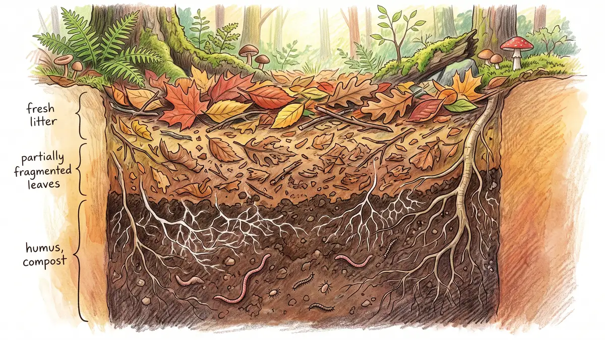 Soil profile cutaway showing organic matter as a continuum from whole fallen leaves through shredded fragments to dark crumbly compost and fine soil with fungal threads