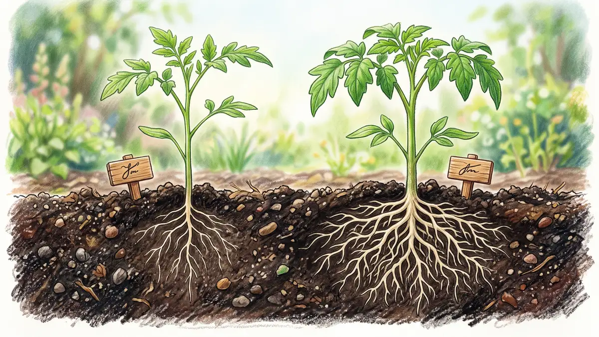 Two tomato seedlings side by side with exposed root systems, the right-hand plant showing a visibly denser and more branched root mass