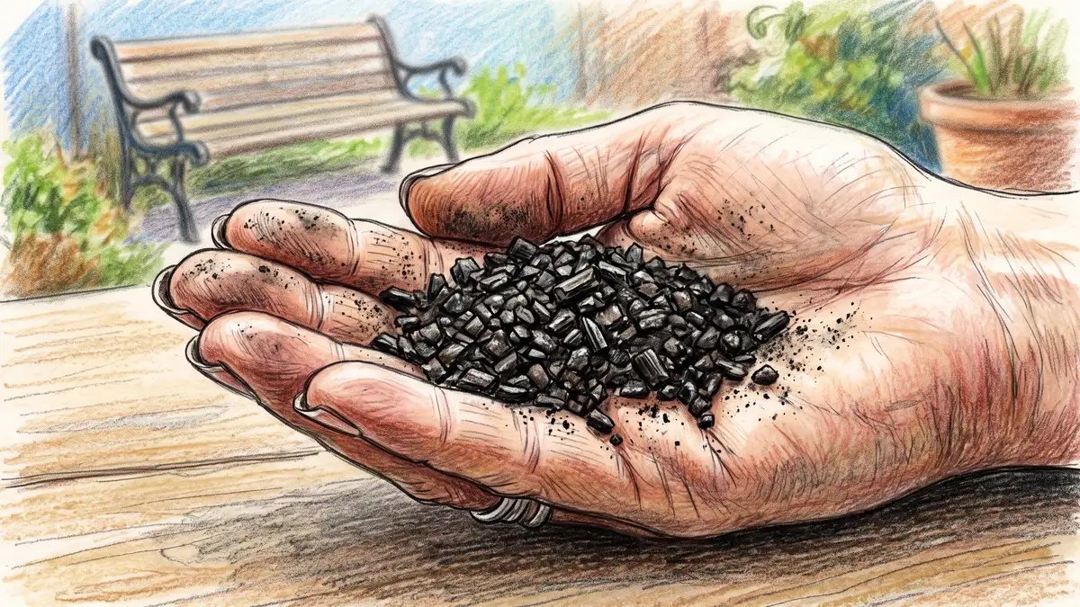 Hand holding a small heap of shiny black granular humate mined from leonardite showing brittle coal-like fragments and dusty texture