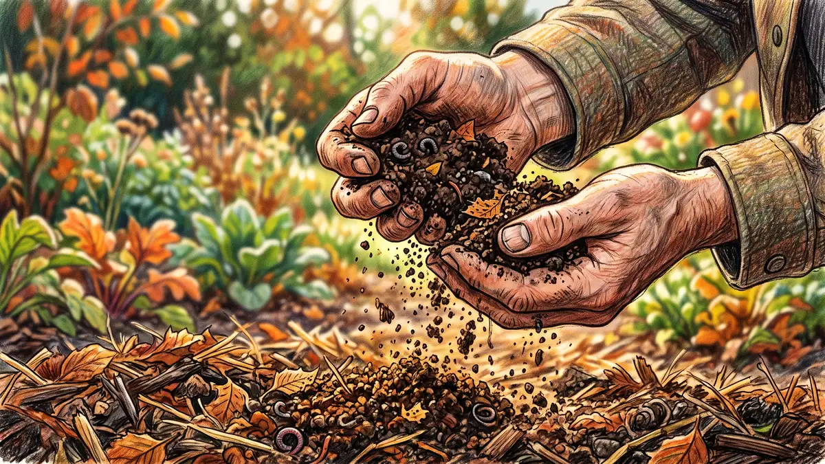 Two hands crumbling dark finished compost with fine crumb structure over a garden bed with worm castings and leaf fragments visible