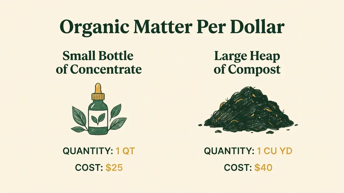Infographic comparing organic matter per dollar between a small bottle of humic concentrate and a large heap of compost