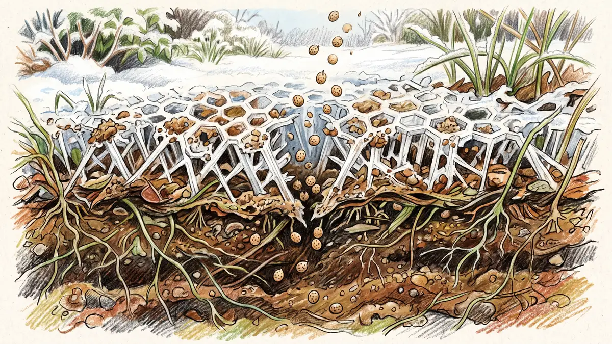 Cross-section illustration of frozen soil honeycombed with ice needles, with small clover seeds settling into the gaps during frost seeding