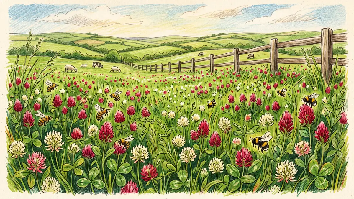 Early summer pasture with dense red and white clover flowering among orchard grass six months after frost seeding, with bees working the blossoms