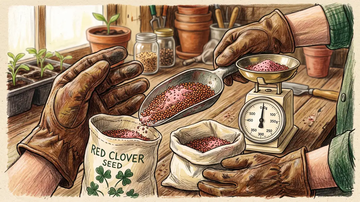 Gloved hands holding a scoop of small hard red clover seeds mixed with pink Rhizobium inoculant powder beside an open seed bag and a scale