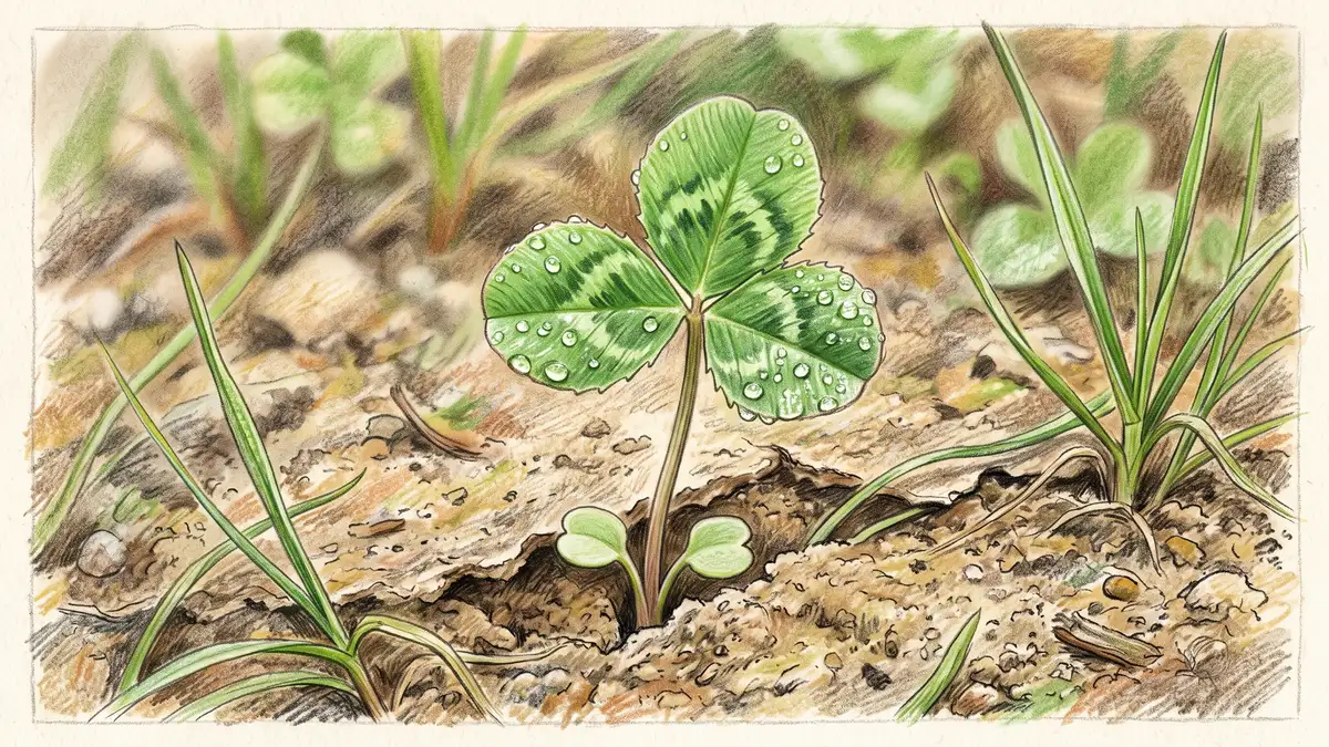 Young white clover seedling with its first trifoliate leaf emerging through crusted spring soil after a successful frost seeding