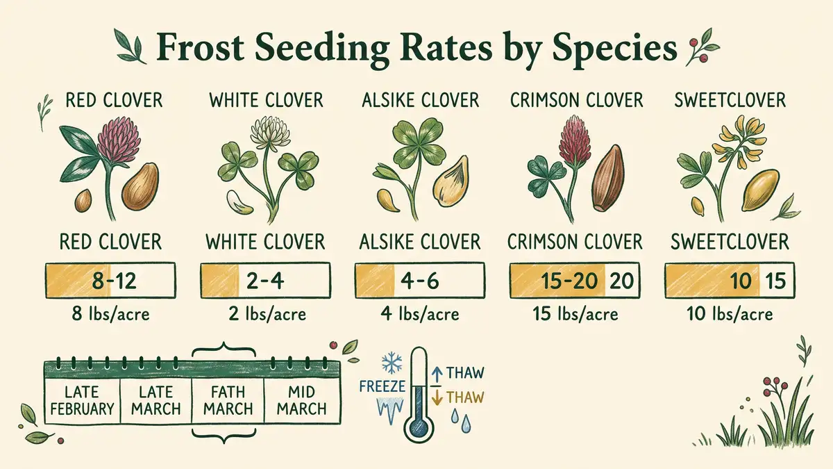 Hand-illustrated infographic showing frost seeding rates in pounds per acre for red, ladino, alsike and crimson clover with the late winter seeding window